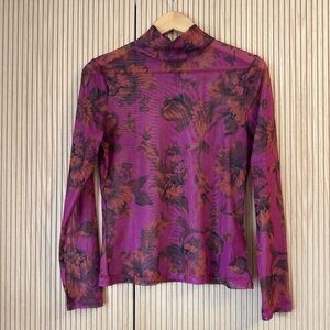 Anthropologie Mesh Turtleneck Top – Raspberry Floral – Size M